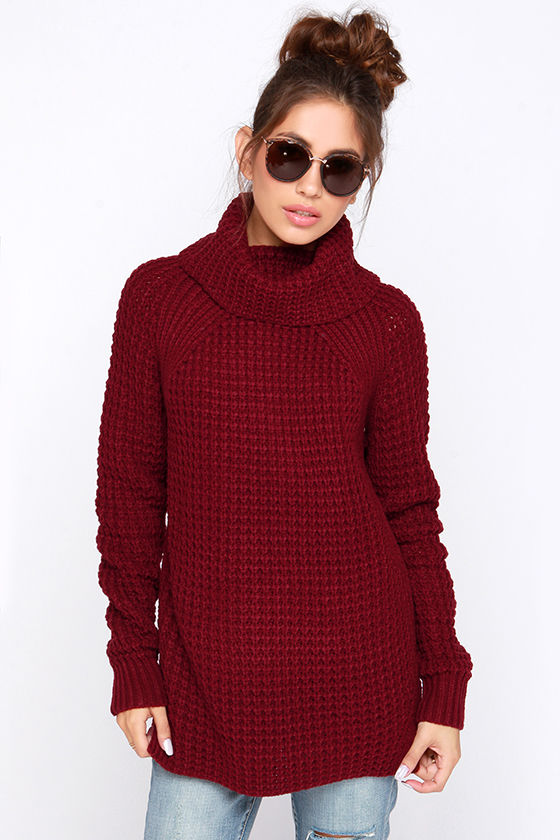 Cozy Burgundy Sweater - Waffle Knit Sweater - Cowl Neck Sweater ...