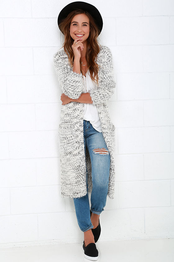 Grey and Ivory Sweater - Long Cardigan Sweater - $63.00