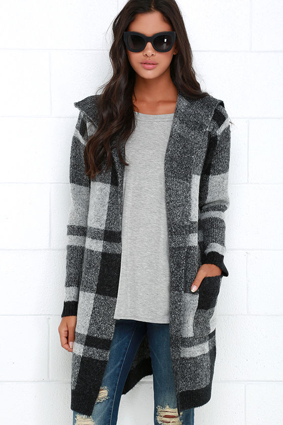 Black and Grey Sweater - Plaid Jacket - Long Cardigan - $98.00