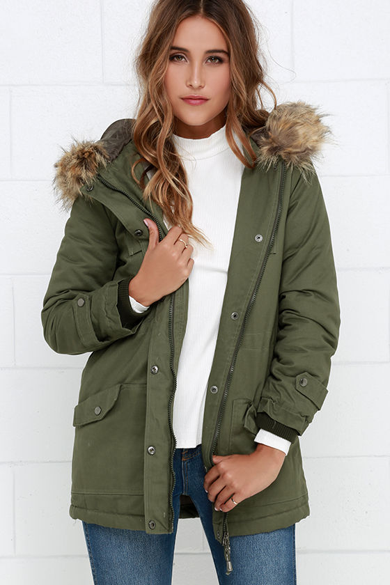 Olive Green Jacket - Faux Fur Jacket - Parka Jacket - Coat - $88.00