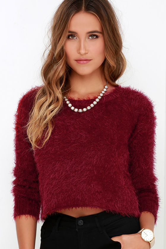 Cute Wine Red Sweater - Fuzzy Sweater - Cropped Sweater - $59.95