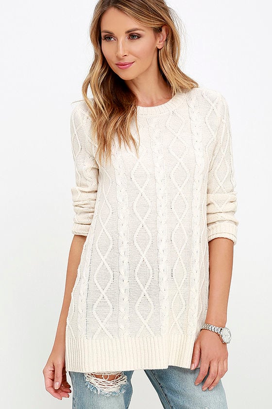 Cable Knit Sweater - Cream Sweater - Long Sleeve Top - $38.00