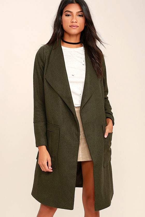 Luxurious Olive Green Coat - Felt Coat - Long Coat - Open Front ...