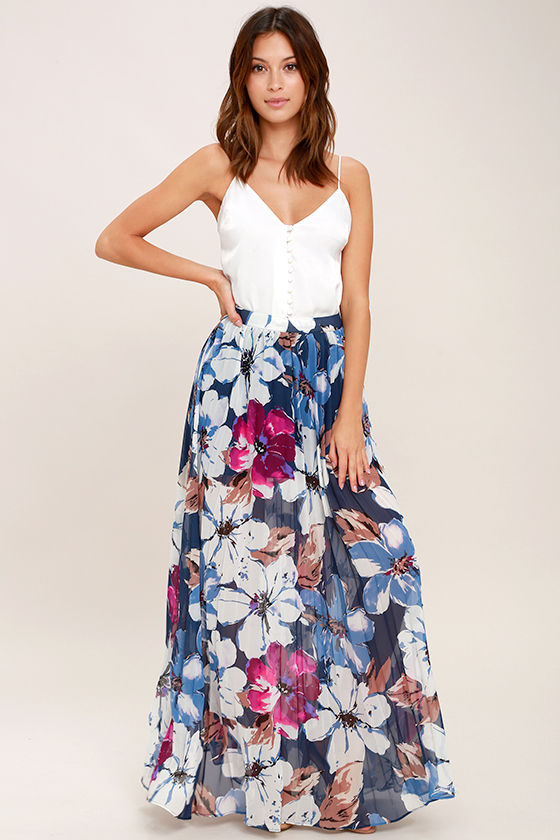 Lovely Floral Print Skirt - Navy Blue Floral Print Maxi Skirt ...