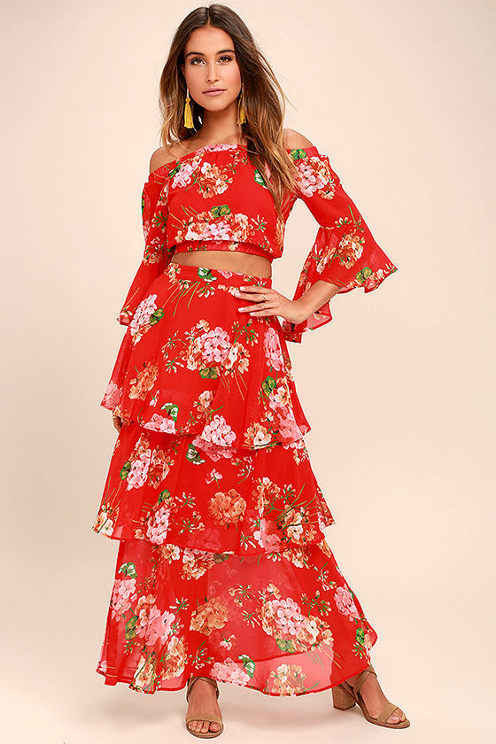 Lovely Red Floral Print Skirt - Maxi Skirt - Tiered Maxi Skirt ...