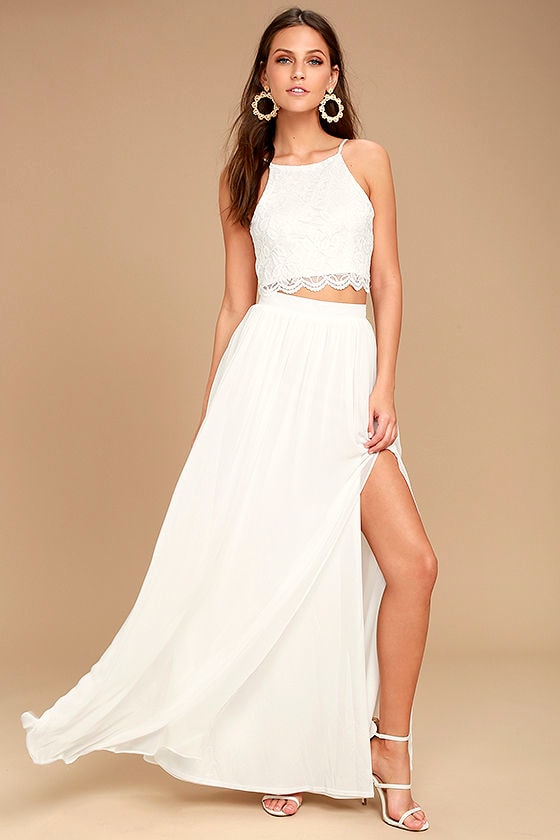 Midnight Memories White Lace Two-Piece Maxi Dress 1