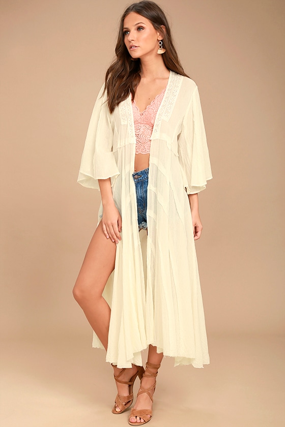 Free People Curved - Curved Gauze Duster Cardigan - Lace Kimono Top