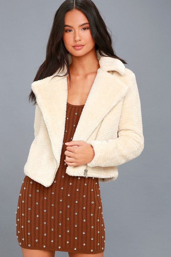 Lulus / Cozy Business Cream Faux Fur Moto Jacket / Size Large / White / 100% Polyester