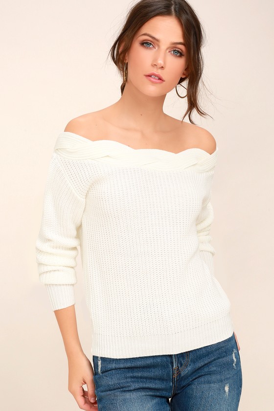 Cute White Sweater - Off-the-Shoulder Sweater - Knit Sweater