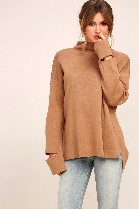 Chic Light Brown Sweater - Funnel Neck Cutout Sweater