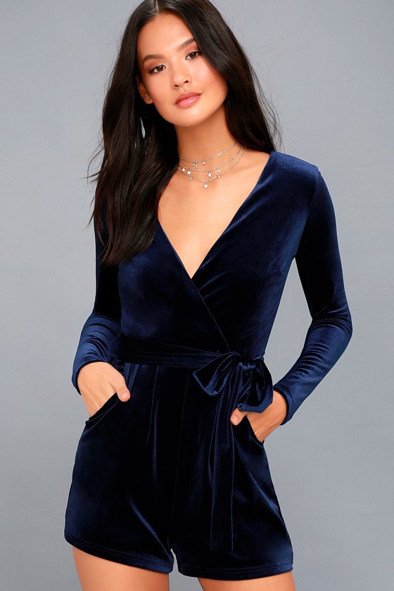 Lulus - Romantic Moves Navy Blue Velvet Long Sleeve Romper - Size Medium - 100% Polyester
