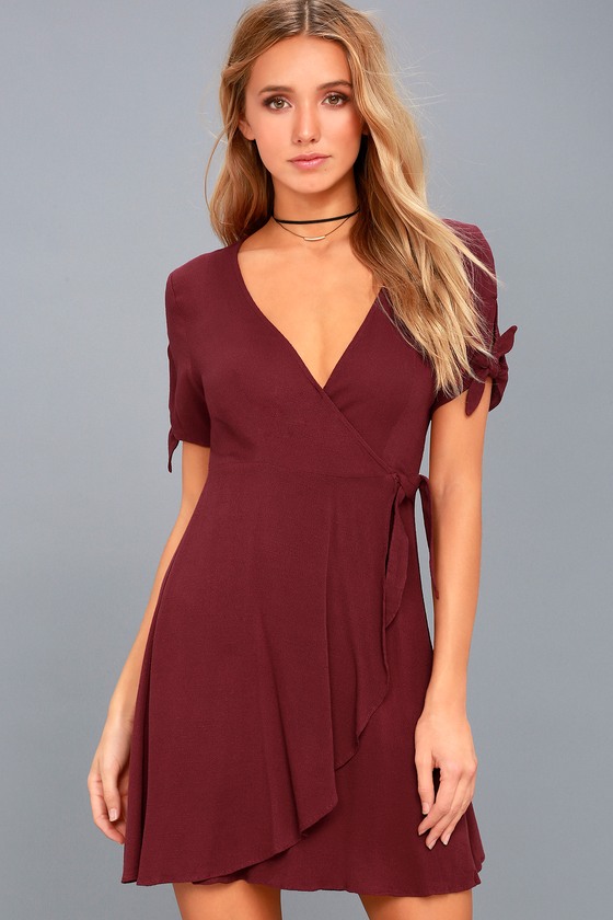 Cute Burgundy Dress - Wrap Dress - Short Sleeve Dress
 
