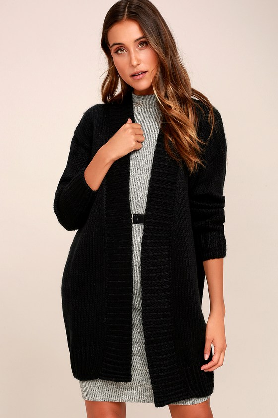 Cozy Black Sweater - Open Front Cardigan - Knit Sweater