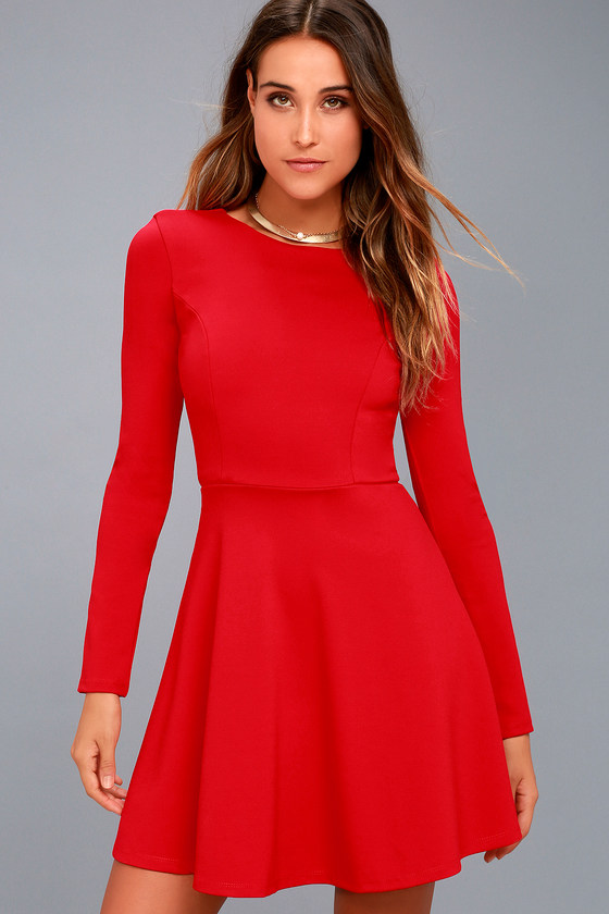 Cute Red Dress - Long Sleeve Dress - Skater Dress - $57.00