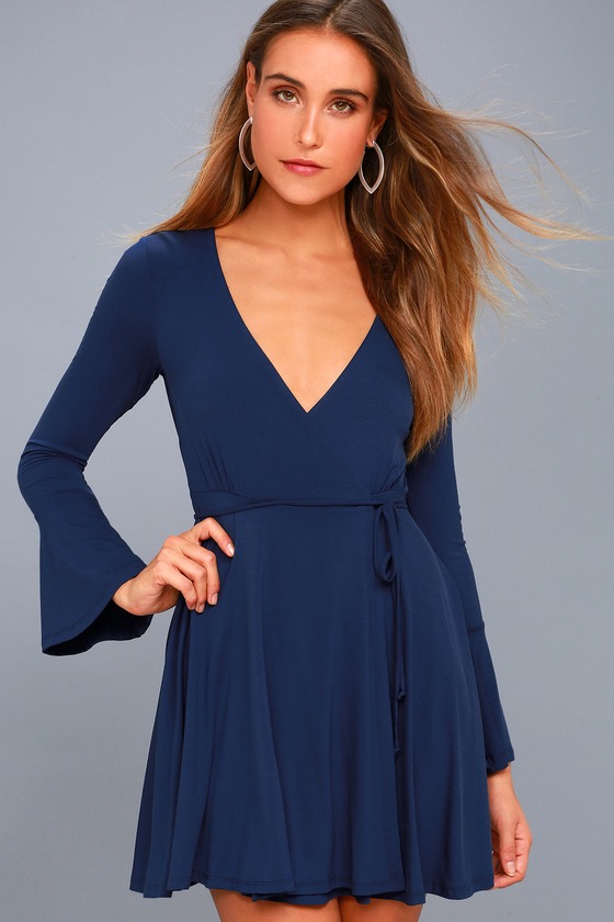 Cute Navy Blue Dress - Wrap Dress - Flounce Sleeve Dress
 