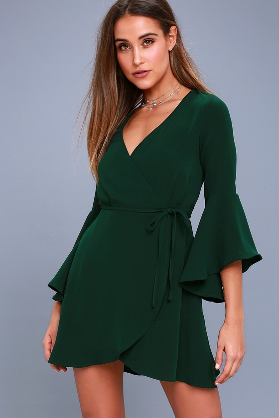 Chic Forest Green Dress - Wrap Dress - Flounce Sleeve Dress
 