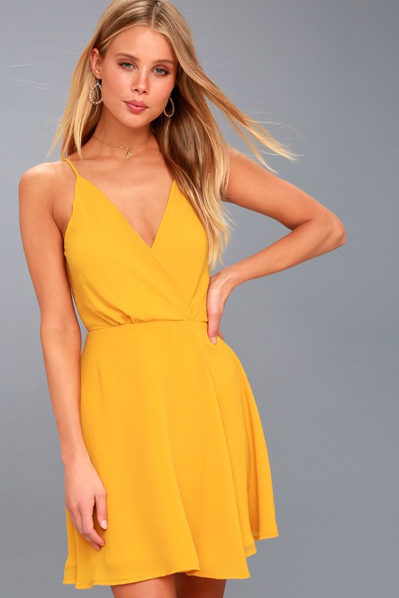 Pretty Golden Yellow Backless Dress - Yellow Surplice Dress
 