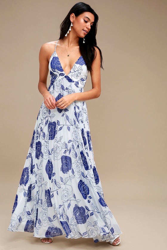 Stunning Blue and White Dress - Pleated Maxi Dress