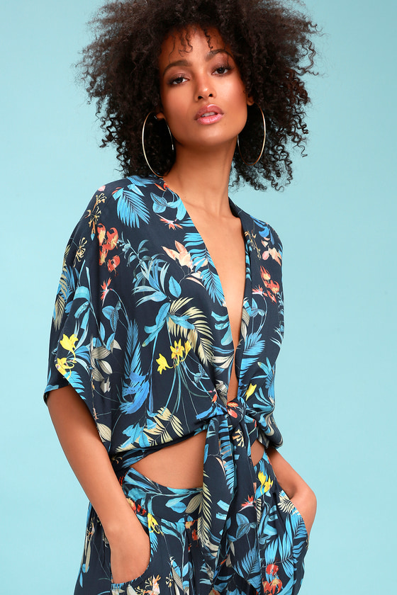 Feather Navy Blue Tropical Print Tie-Front Top 2
