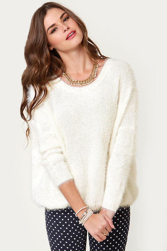 Cute Fuzzy Sweater - White Sweater - Pullover Sweater - $34.00